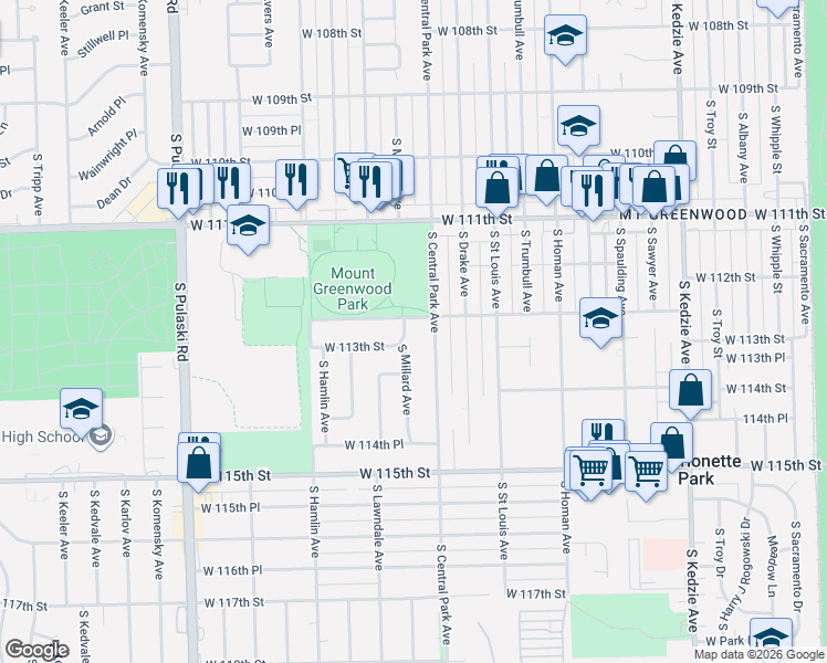 map of restaurants, bars, coffee shops, grocery stores, and more near 11248 South Central Park Avenue in Chicago