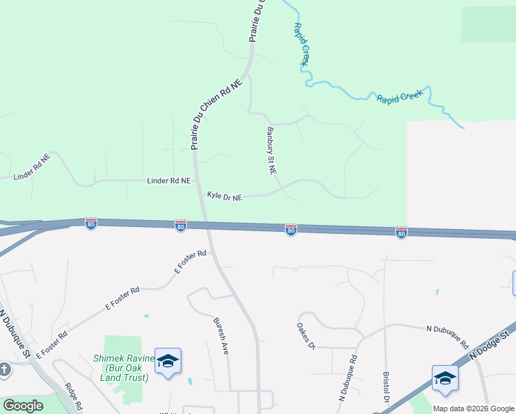 map of restaurants, bars, coffee shops, grocery stores, and more near 935 Kyle Drive Northeast in Iowa City