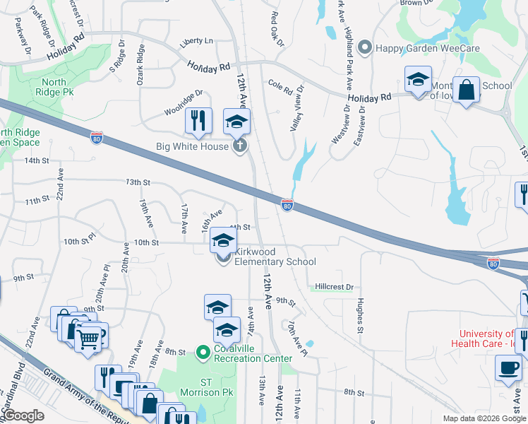 map of restaurants, bars, coffee shops, grocery stores, and more near 1107 12th Avenue in Coralville