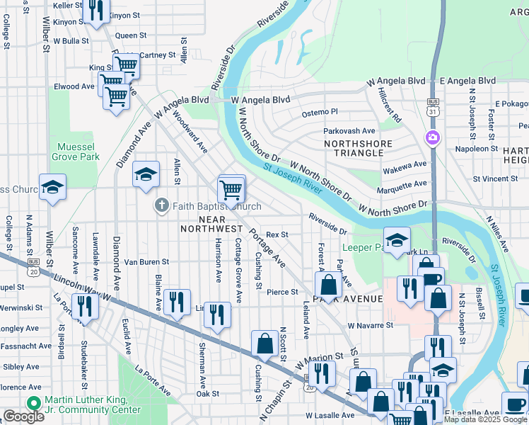 map of restaurants, bars, coffee shops, grocery stores, and more near 719 California Avenue in South Bend