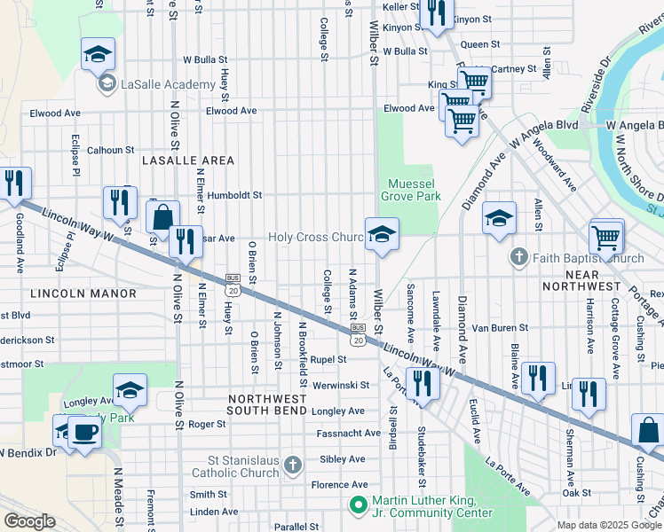 map of restaurants, bars, coffee shops, grocery stores, and more near 1022 College Street in South Bend