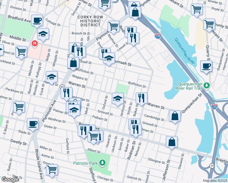 map of restaurants, bars, coffee shops, grocery stores, and more near 93 Pulaski Street in Fall River