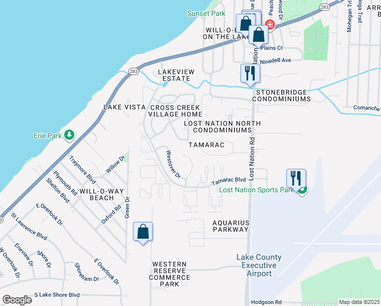 map of restaurants, bars, coffee shops, grocery stores, and more near 1531 Arbor Drive in Willoughby