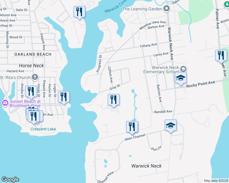 map of restaurants, bars, coffee shops, grocery stores, and more near 122 Gray Street in Warwick