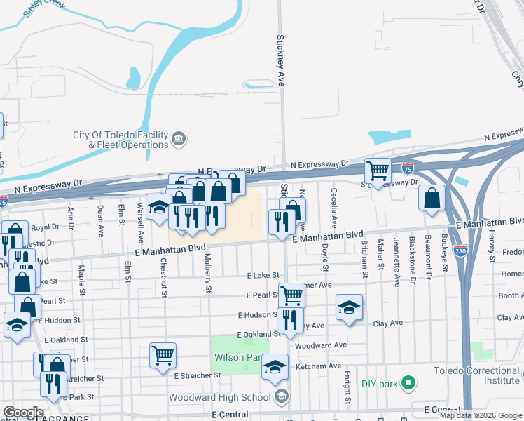 map of restaurants, bars, coffee shops, grocery stores, and more near 3565 Twining Street in Toledo