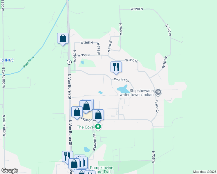 map of restaurants, bars, coffee shops, grocery stores, and more near 705 Country Lane in Shipshewana
