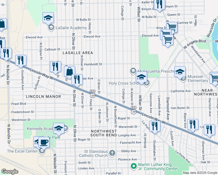 map of restaurants, bars, coffee shops, grocery stores, and more near 1010 North Johnson Street in South Bend