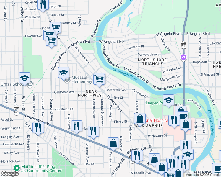 map of restaurants, bars, coffee shops, grocery stores, and more near 719 California Avenue in South Bend