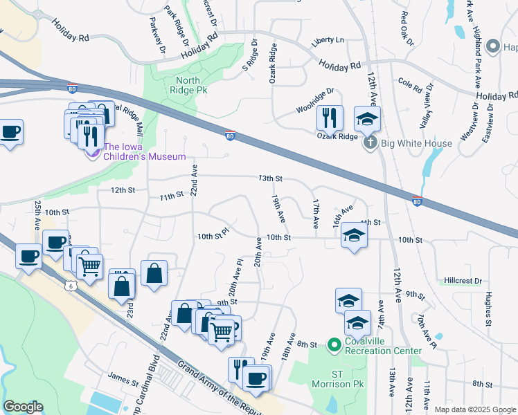 map of restaurants, bars, coffee shops, grocery stores, and more near 1011 20th Ave in Coralville