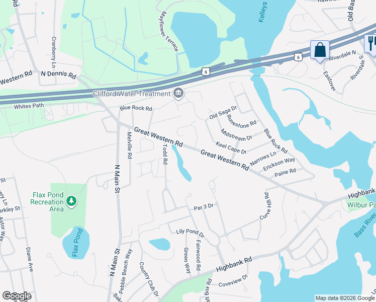 map of restaurants, bars, coffee shops, grocery stores, and more near 85 Great Western Road in Yarmouth