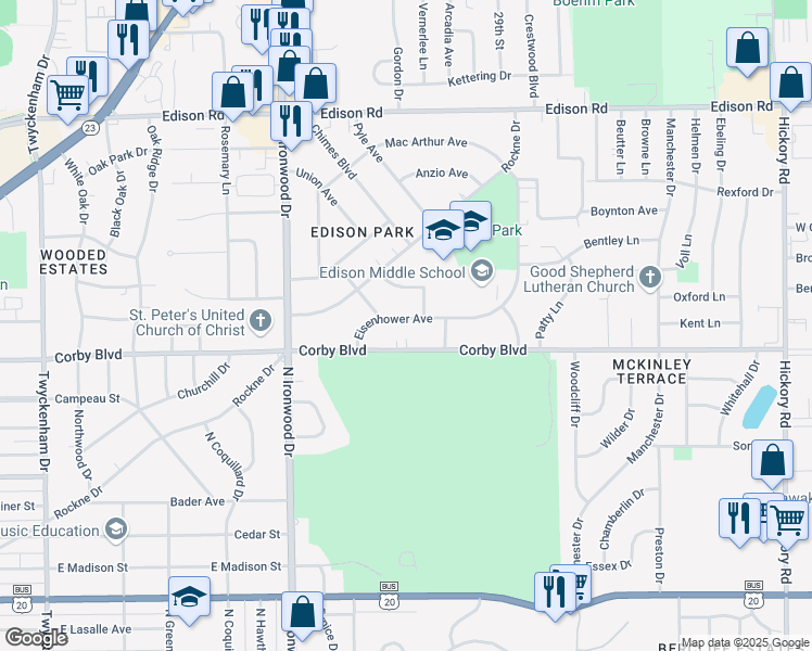 map of restaurants, bars, coffee shops, grocery stores, and more near 2510 Eisenhower Avenue in South Bend