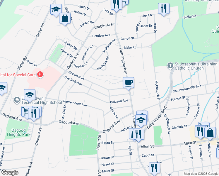 map of restaurants, bars, coffee shops, grocery stores, and more near 77 Governor Street in New Britain