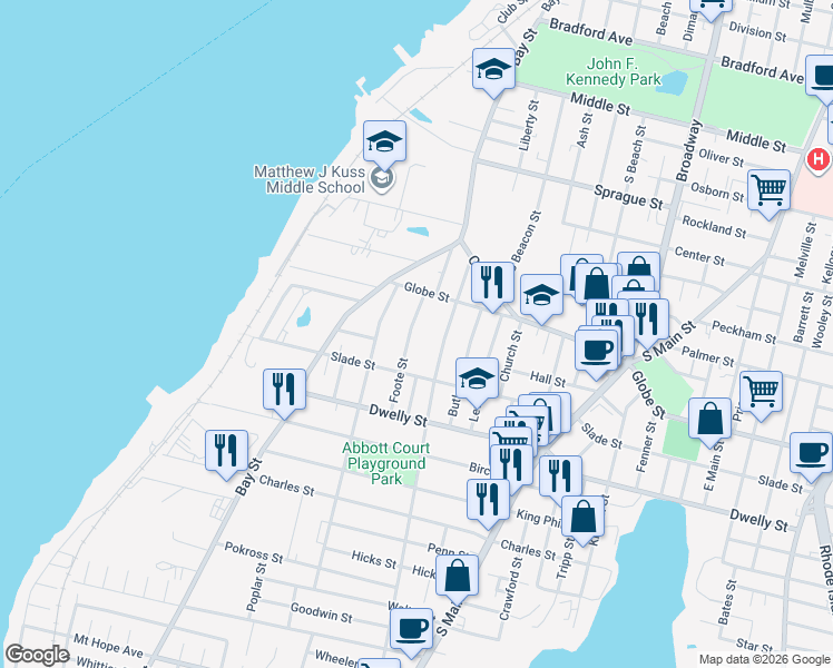 map of restaurants, bars, coffee shops, grocery stores, and more near 106 Foote Street in Fall River