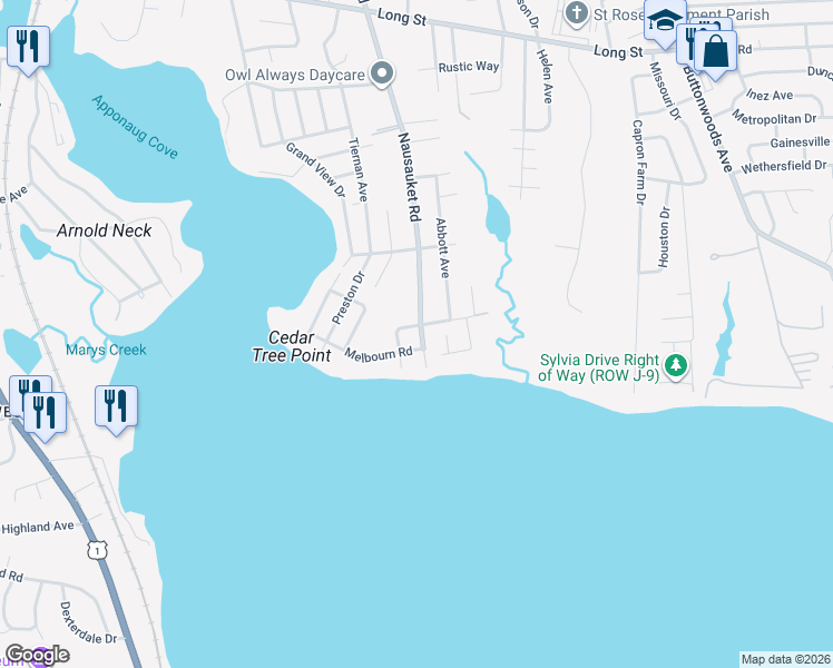map of restaurants, bars, coffee shops, grocery stores, and more near 459 Nausauket Road in Warwick