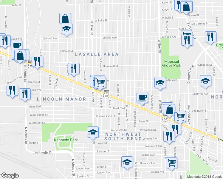 map of restaurants, bars, coffee shops, grocery stores, and more near 1022 Huey Street in South Bend