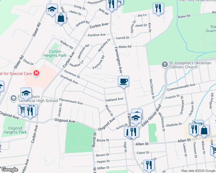 map of restaurants, bars, coffee shops, grocery stores, and more near 63 Governor Street in New Britain