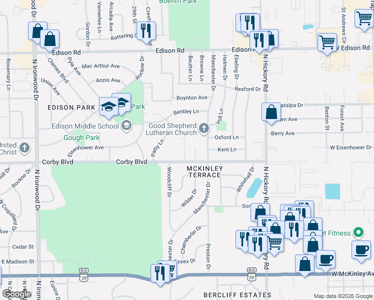 map of restaurants, bars, coffee shops, grocery stores, and more near in South Bend