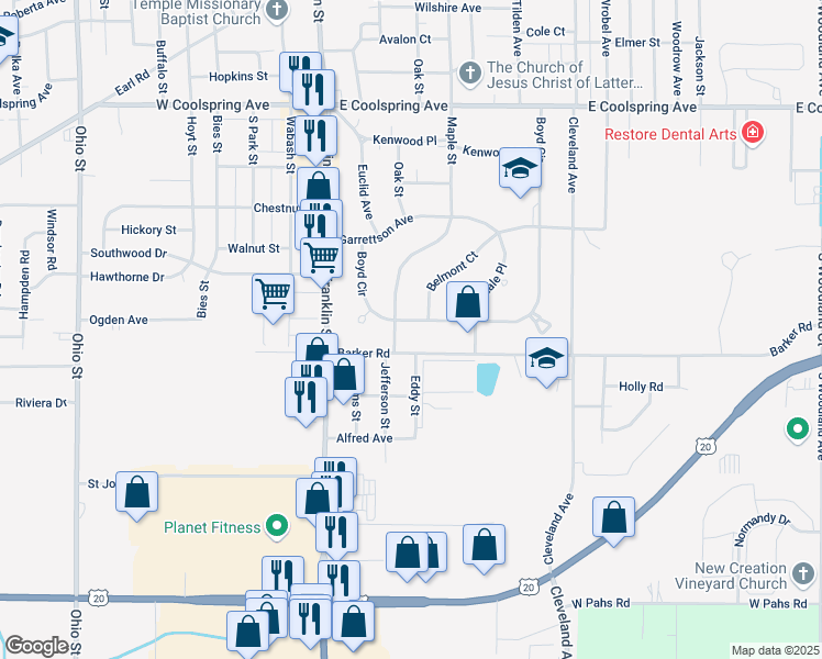 map of restaurants, bars, coffee shops, grocery stores, and more near 206 Barker Road in Michigan City