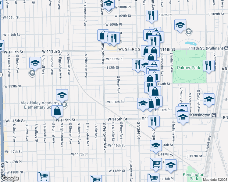 map of restaurants, bars, coffee shops, grocery stores, and more near 137 West 113th Place in Chicago