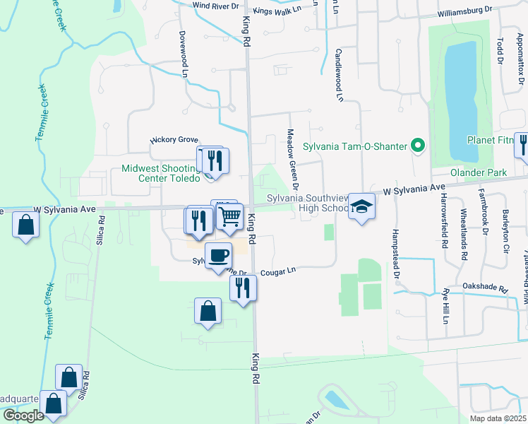 map of restaurants, bars, coffee shops, grocery stores, and more near 7445 West Sylvania Avenue in Sylvania