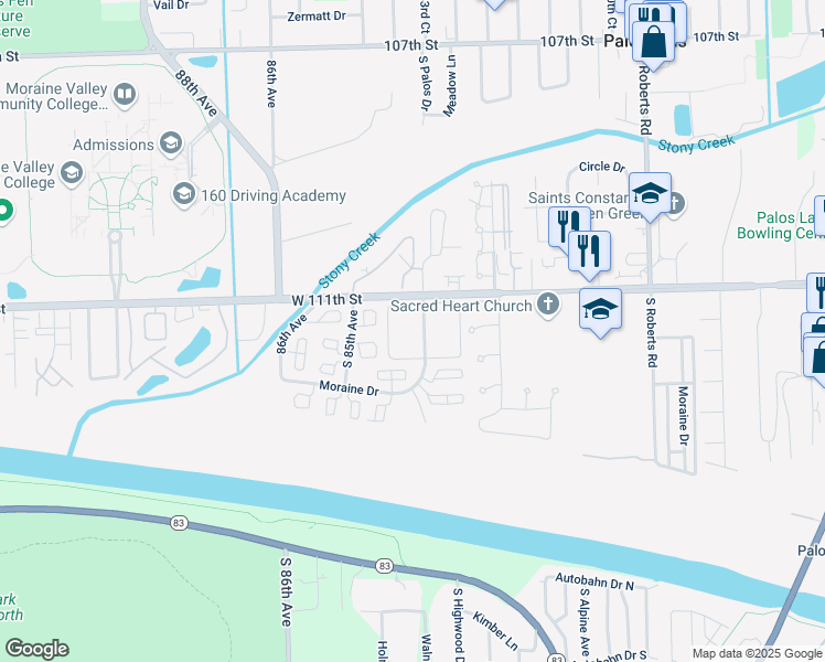 map of restaurants, bars, coffee shops, grocery stores, and more near 11122 Cour La Salle in Palos Hills