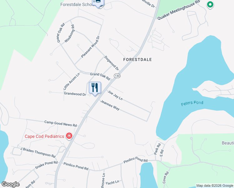 map of restaurants, bars, coffee shops, grocery stores, and more near 8 Joe Jay Lane in Sandwich