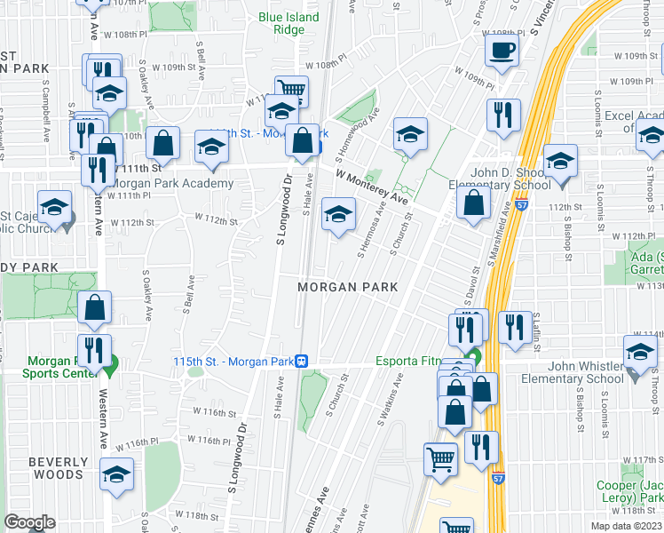 map of restaurants, bars, coffee shops, grocery stores, and more near 11249 South Homewood Avenue in Chicago