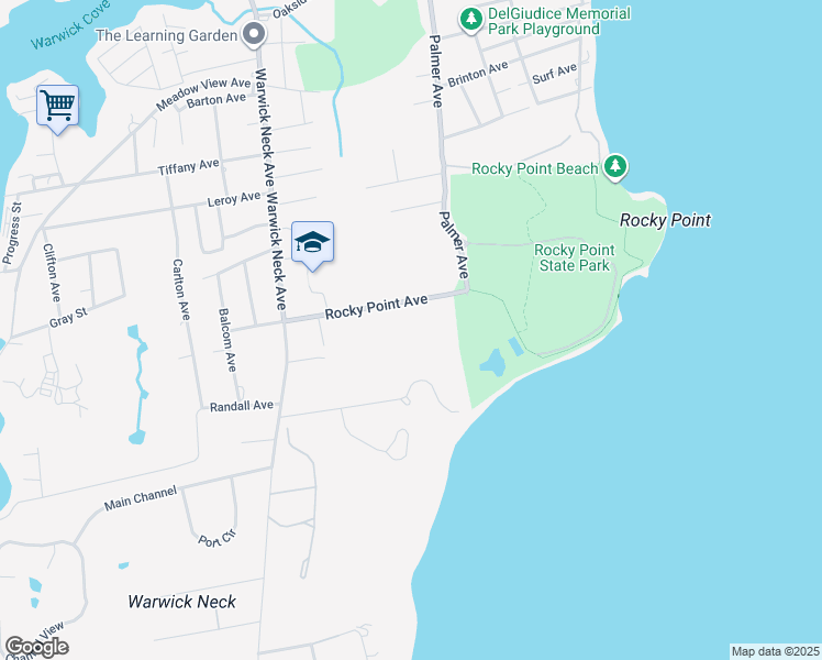 map of restaurants, bars, coffee shops, grocery stores, and more near 66 Rocky Point Avenue in Warwick