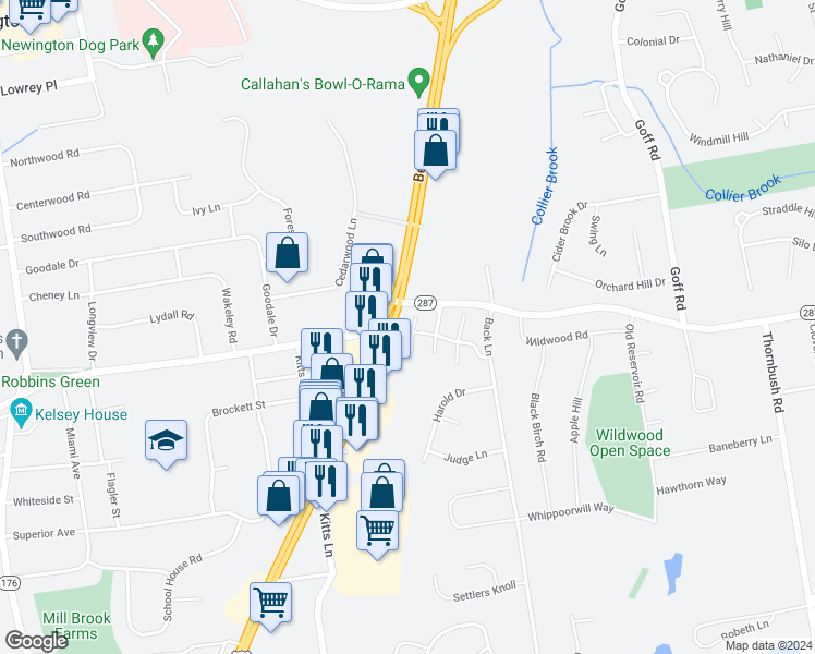 map of restaurants, bars, coffee shops, grocery stores, and more near 10 Harlow Drive in Newington