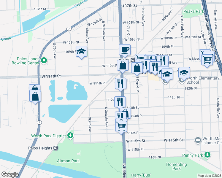 map of restaurants, bars, coffee shops, grocery stores, and more near 11201 South Octavia Avenue in Worth