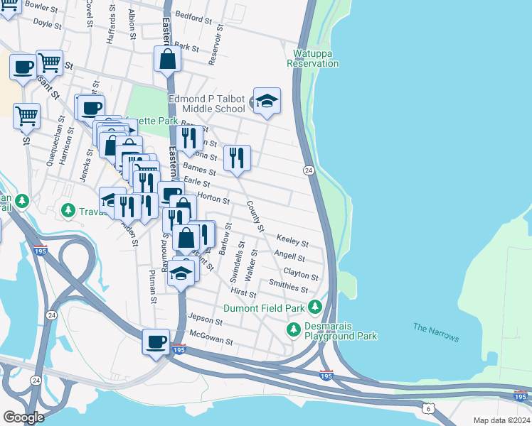 map of restaurants, bars, coffee shops, grocery stores, and more near in Fall River
