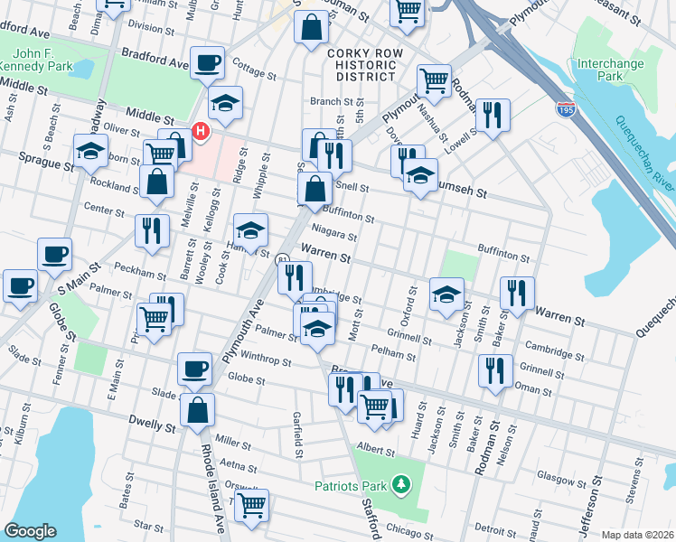 map of restaurants, bars, coffee shops, grocery stores, and more near in Fall River