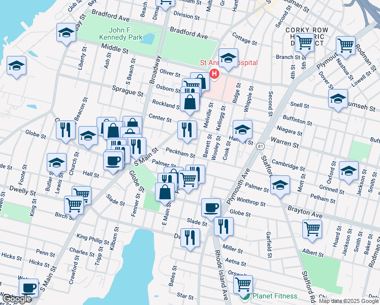 map of restaurants, bars, coffee shops, grocery stores, and more near 141 Peckham Street in Fall River