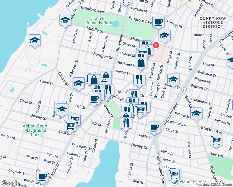 map of restaurants, bars, coffee shops, grocery stores, and more near 36 Palmer Street in Fall River