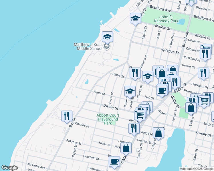 map of restaurants, bars, coffee shops, grocery stores, and more near 130 Bowen Street in Fall River