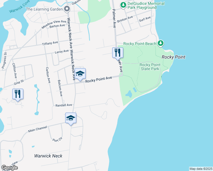 map of restaurants, bars, coffee shops, grocery stores, and more near 66 Rocky Point Avenue in Warwick