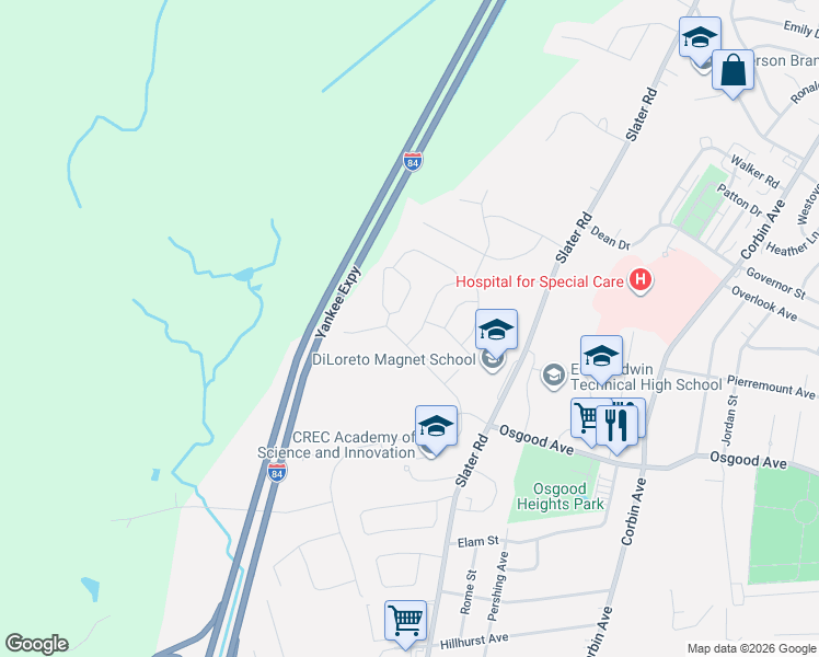 map of restaurants, bars, coffee shops, grocery stores, and more near 711 Osgood Avenue in New Britain