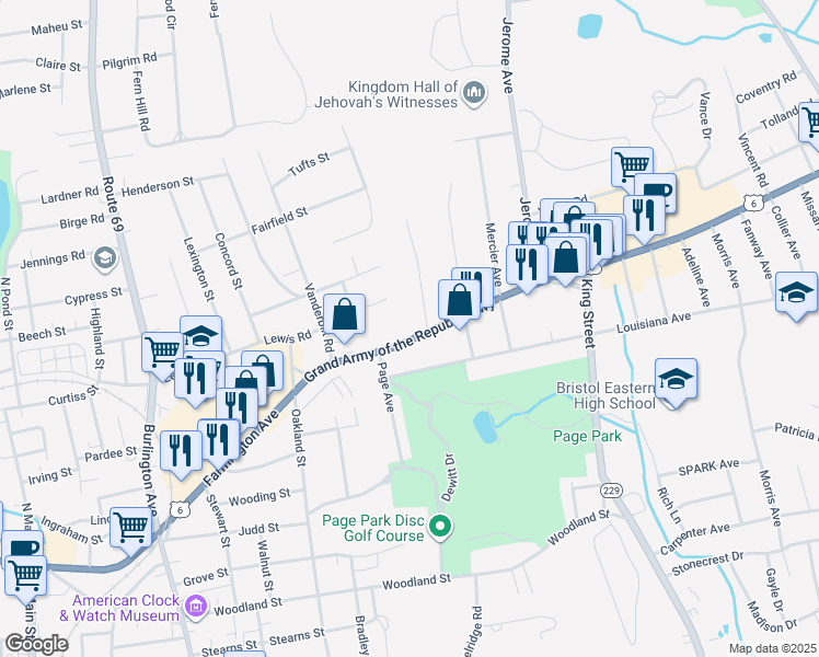 map of restaurants, bars, coffee shops, grocery stores, and more near 325 Farmington Avenue in Bristol