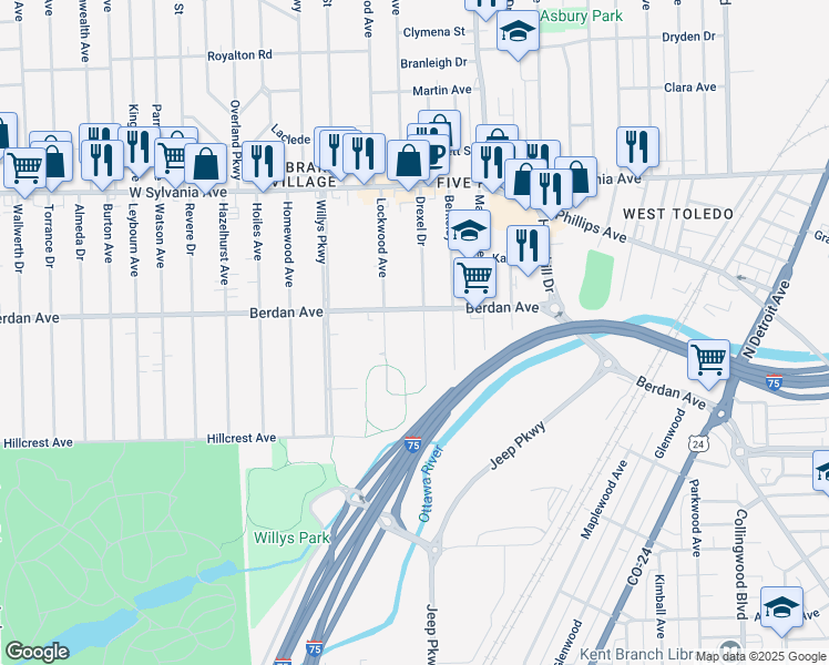 map of restaurants, bars, coffee shops, grocery stores, and more near 3645 Drexel Drive in Toledo