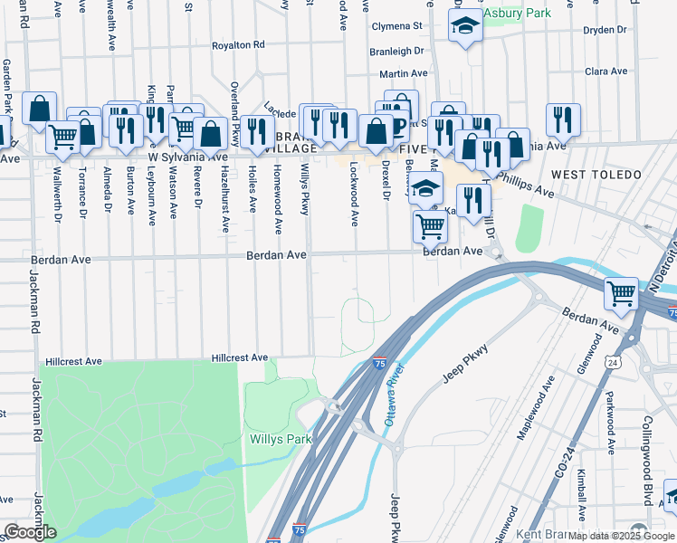 map of restaurants, bars, coffee shops, grocery stores, and more near 3739 Lockwood Avenue in Toledo