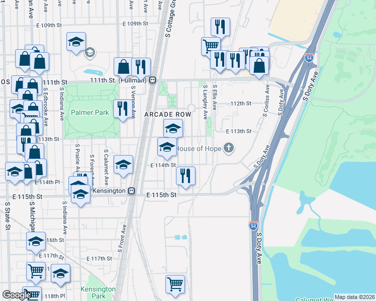 map of restaurants, bars, coffee shops, grocery stores, and more near 11332 S Champlain Ave in Chicago