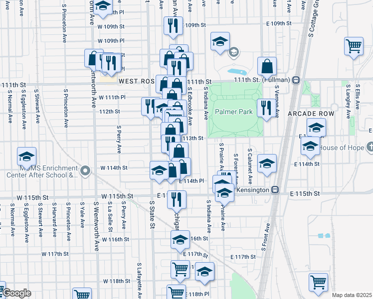 map of restaurants, bars, coffee shops, grocery stores, and more near 11326 South Edbrooke Avenue in Chicago
