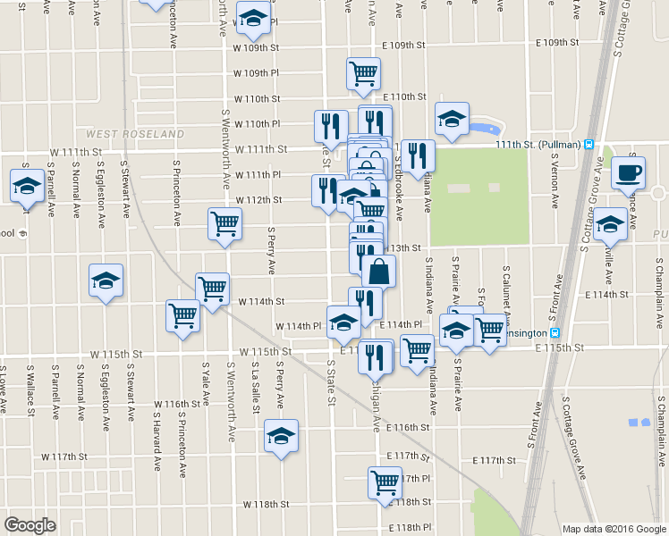map of restaurants, bars, coffee shops, grocery stores, and more near 9 East 113th Place in Chicago