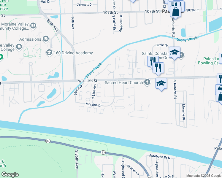 map of restaurants, bars, coffee shops, grocery stores, and more near 11122 Cour La Salle in Palos Hills