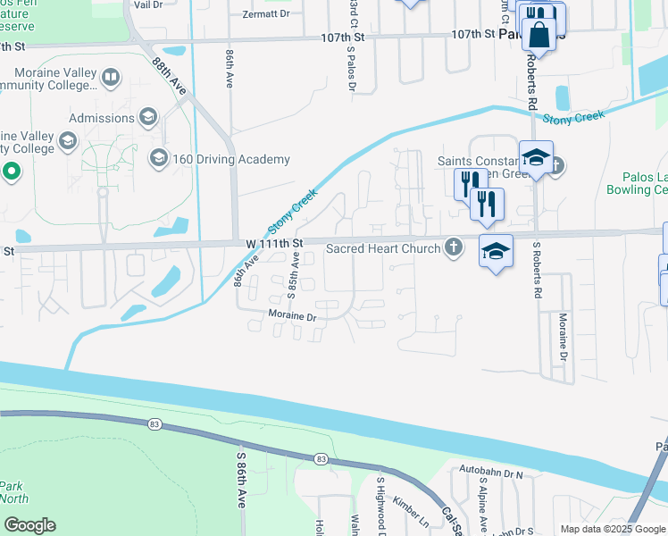 map of restaurants, bars, coffee shops, grocery stores, and more near 11122 Cour La Salle in Palos Hills