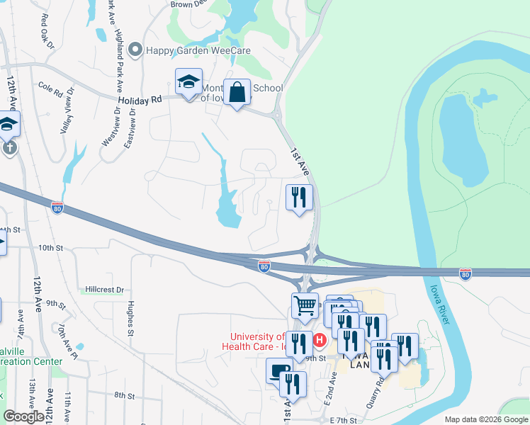 map of restaurants, bars, coffee shops, grocery stores, and more near 30 Redtail Court in Coralville