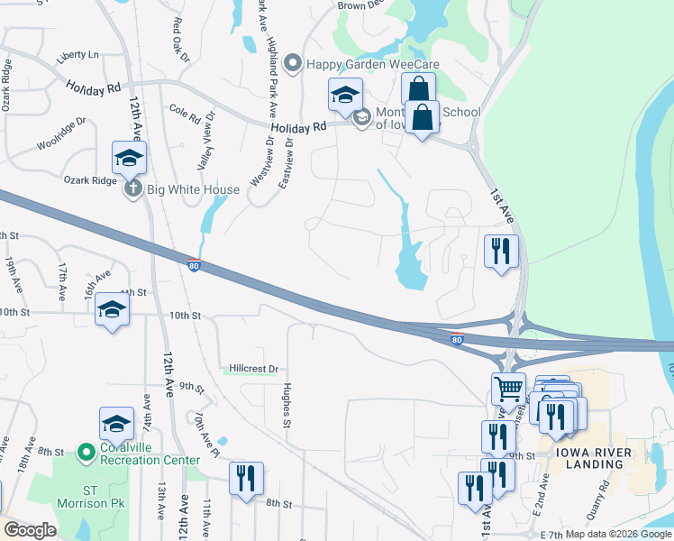 map of restaurants, bars, coffee shops, grocery stores, and more near Interstate 80 in Coralville