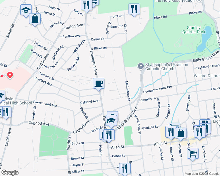 map of restaurants, bars, coffee shops, grocery stores, and more near 27 Cynthia Court in New Britain