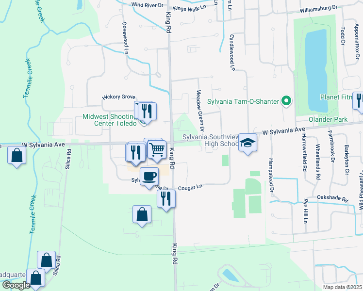map of restaurants, bars, coffee shops, grocery stores, and more near 7445 West Sylvania Avenue in Sylvania