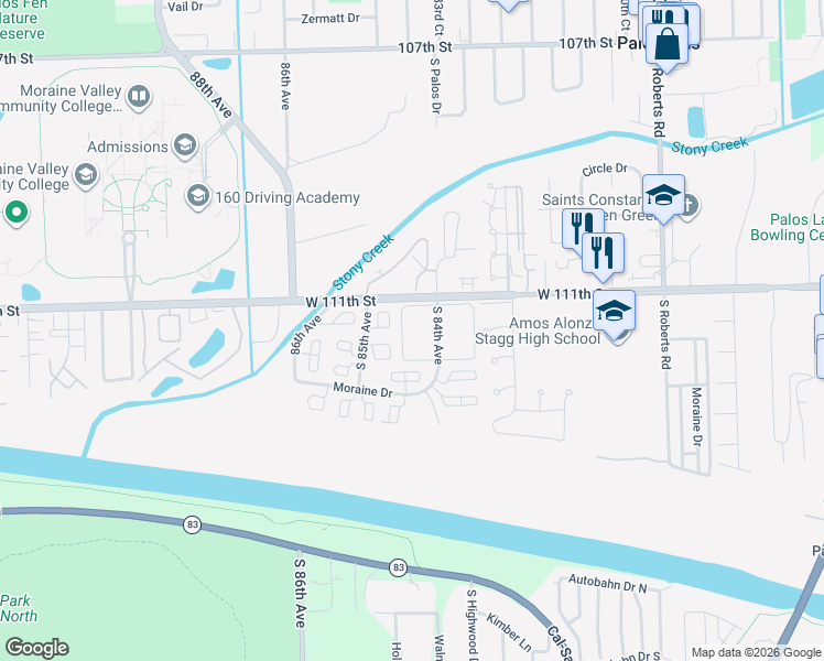 map of restaurants, bars, coffee shops, grocery stores, and more near 11116 South 84th Avenue in Palos Hills